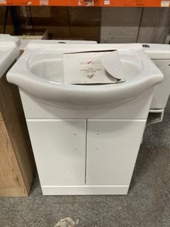 (COLLECTION ONLY) FLOOR STANDING 2 DOOR SEMI RECESSED SINK UNIT IN WHITE WITH A 560 X 430MM 1TH CERAMIC BASIN COMPLETE WITH A TRADITIONAL CROSSHEAD MONO BASIN MIXER TAP AND CHROME SPRUNG WASTE RRP £7