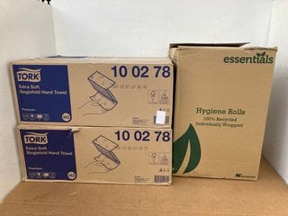 2 X BOXES OF TORK EXTRA SOFT SINGLEFOLD HAND TOWEL TO INCLUDE BOXES OF ESSENTIALS HYGIENE ROLLS: LOCATION - WH6