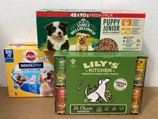 3 X ASSORTED PET FOOD ITEMS TO INCLUDE 42 MEGA PACK OF PEDIGREE DENTASTIX DAILY ORAL CARE FOR DOGS- BBE 21/01/26: LOCATION - H4