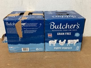 2 X 18 PACKS OF BUTCHERS PUPPY PERFECT GRAIN FREE DOG FOOD IN VARIOUS FLAVOURS- BBE 10/26: LOCATION - H3