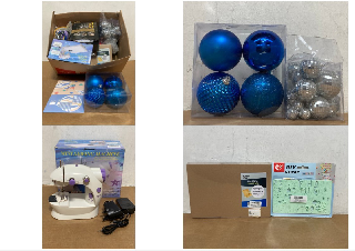 QTY OF ASSORTED HOUSEHOLD ITEMS TO INCLUDE PACK OF 4 CHRISTMAS BAUBLES IN BLUE: LOCATION - H3