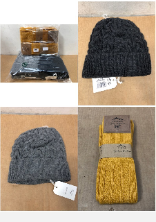 QTY OF FONEM SOCKY COLLECTION WOOLEN SOCKS IN MUSTARD TO INCLUDE QTY OF FONEM LAVINA BERE WOOLEN HATS IN GREY AND ANTHRACITE: LOCATION - G1