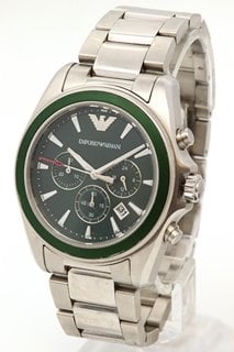 EMPORIO ARMANI RENATO GENTS WATCH: MODEL AR-6090. FEATURING A GREEN MULTIFUNCTION DIAL, SILVER COLOURED MARKERS AND HANDS, DATE, STAINLESS STEEL BEZEL, CASE AND BRACELET, W/R 50ATM. COMES IN A PRESEN