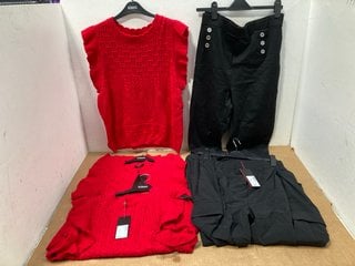 3 X WOMEN'S KLASS RED CROCHET LOOK TOP IN VARIOUS SIZES TO INCLUDE KLASS BLACK TROUSERS IN VARIOUS SIZES: LOCATION - G10