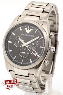 EMPORIO ARMANI GENTS WATCH: MODEL AR-6050. FEATURING A BLACK MULTIFUNCTION DIAL, SILVER COLOURED MARKERS AND HANDS, DATE, STAINLESS STEEL BEZEL, CASE AND BRACELET, W/R 50ATM. COMES IN A PRESENTATION