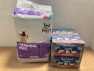 QTY OF BUTCHERS HEALTHY HEART DOG FOOD - BBE - 12/2025 TO INCLUDE JUST FOR PUPPY 100 TRAINING PADS: LOCATION - F13