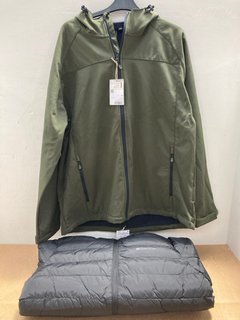 MOUNTAIN WAREHOUSE EXODUS SOFTSHELL COAT IN KHAKI SIZE XL TO INCLUDE SEASONS FUR LINED PADDED JACKET IN BLACK SIZE M: LOCATION - F12