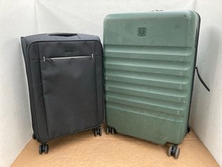 ANTLER HARD SHELL LARGE GREEN COMBINATION LOCK SUITCASE TO INCLUDE JOHN LEWIS & PARTNERS SOFT SHELL BLACK MEDIUM SUITCASE: LOCATION - F6