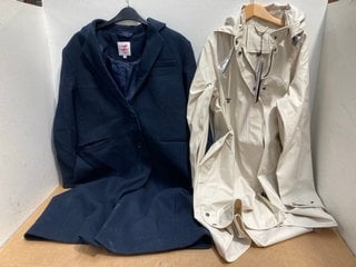 ILSE JACOBSEN MILK CREAM RAINCOAT UK SIZE 38 TO INCLUDE JOHN LEWIS & PARTNERS BLAZER COAT IN NAVY SIZE 16: LOCATION - F4