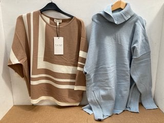 PHASE EIGHT GERI GEO KNIT TOP IN CAMEL - UK SIZE LARGE TO INCLUDE PHASE EIGHT STEPH JUMPER IN BLUE - UK SIZE LARGE: LOCATION - F3