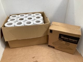 BOX OF 30 WOODEN HANGERS TO INCLUDE BOX OF 18 WHITE ALL PURPOSE PAPER ROLLS: LOCATION - F3