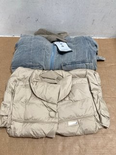 YUEFAFLS PUFFER GILET IN BEIGE - SIZE NOT SHOWN TO INCLUDE FAUX FUR LONG SLEEVE DENIM JACKET - UK SIZE SMALL: LOCATION - F2