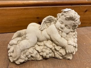 (COLLECTION ONLY) BACCUS SMALL STONE CHERUB LYING ON A BED OF GRAPES GARDEN ORNAMENT: LOCATION - B3