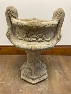 (COLLECTION ONLY) DECORATIVE URN STYLE STONE PLANTER WITH LEAF DETAIL: LOCATION - B3