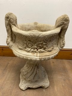 (COLLECTION ONLY) DECORATIVE URN STYLE STONE PLANTER WITH LEAF DETAIL: LOCATION - B3