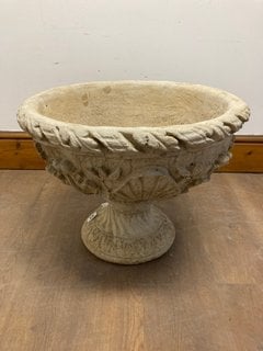 (COLLECTION ONLY) LARGE DECORATIVE STONE PLANTER WITH STAND AND LEAF/FLORAL DETAIL: LOCATION - B3