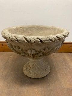 (COLLECTION ONLY) LARGE DECORATIVE STONE PLANTER WITH STAND AND LEAF/FLORAL DETAIL: LOCATION - B3