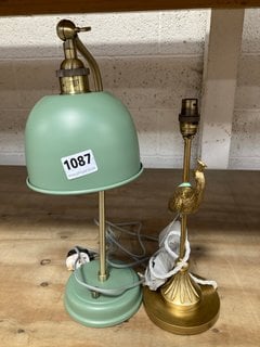 JOHN LEWIS & PARTNERS MATTHEW WILLIAMSON PEACOCK TABLE LAMP BASE IN GOLD TO INCLUDE JOHN LEWIS & PARTNERS BALDWIN DESK LAMP IN DUSTY GREEN: LOCATION - AR7