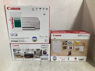 3 X ASSORTED CANON PRINTERS TO INCLUDE CANON PIXMA TS5151 PRINTER IN WHITE: LOCATION - AR16