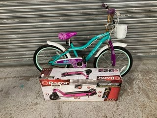 (COLLECTION ONLY) RAZOR POWERCORE S80 ELECTRIC HUB MOTOR SCOOTER TO INCLUDE SCHWIMM GIRLS FLORAL PRINT BIKE IN GREEN & PURPLE: LOCATION - A1