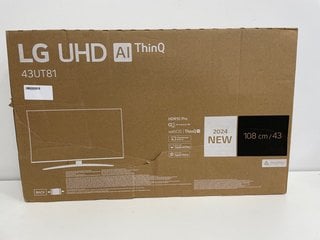 LG UHD A1 THINQ 43" TV: MODEL NO 43UT81 (UNUSED RETAIL, PREVIOUSLY SEALED BOX OPENED TO INSPECT CONTENTS DUE TO BOX DAMAGE) [JPTM126042]