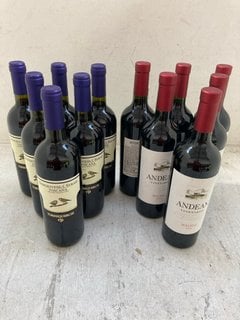 12 X ASSORTED BOTTLES OF WINE TO INCLUDE ANDEAN VINEYARDS MALBEC 75CL ALC 12.5% (WE OPERATE A CHALLENGE 25 POLICY. 18+ ID MAY BE REQUIRED UPON COLLECTION/DELIVERY, E.G. A VALID PASSPORT OR PHOTO DRIV