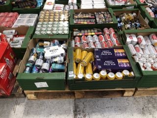 (COLLECTION ONLY) PALLET OF ASSORTED ALCOHOLIC BEVERAGES TO INCLUDE TENNENTS LAGER 440ML 4% ALC VOL - BBE 30 APR 2025 (WE OPERATE A CHALLENGE 25 POLICY. 18+ ID MAY BE REQUIRED UPON COLLECTION/DELIVER