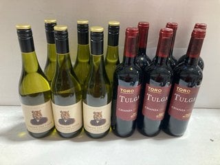 12 X ASSORTED BOTTLES OF WINE TO INCLUDE TAMING THE TIGER CHARDONNAY 75CL ALC 13.5% (PLEASE NOTE IF YOU OPT TO HAVE THIS LOT DELIVERED, THE BOX WILL NOT BE INCLUDED), WE OPERATE A CHALLENGE 25 POLICY