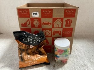 QTY OF ASSORTED CONSUMABLE ITEMS TO INCLUDE PACKS OF YORKSHIRE CRISPS WORCESTER SAUCE HAND COOKED CRISPS 150G BB: 02/25: LOCATION - G2