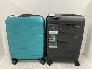 2 X ASSORTED SMALL SIZED HARDSHELL TRAVEL SUITCASES IN BLUE AND BLACK: LOCATION - F9