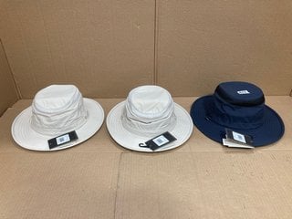 3 X TILLEY FABRIC BUCKET HATS IN NAVY AND STONE - RRP - £210: LOCATION - F15