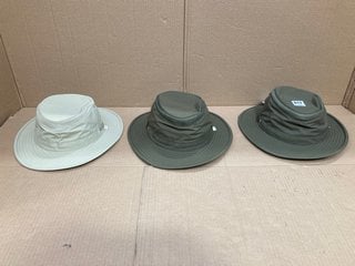 3 X TILLEY FABRIC BUCKET HATS IN STONE & KHAKI- RRP - £210: LOCATION - F15