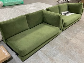 2 X JOHN LEWIS & PARTNERS MUNICH PARTIAL 2 SEATER CORNER SOFA UNITS IN GREEN PLUSH VELVET FABRIC: LOCATION - A6