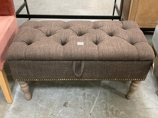 BUTTON TOP STYLE UPHOLSTERED SMALL END OF BED BLANKET BOX IN MINK BROWN FABRIC WITH ANTIQUE STUD AND LIGHT WOOD LEGS: LOCATION - D7