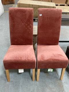 PAIR OF MODERN CONTEMPORARY STYLE UPHOLSTERED HIGH BACK DINING CHAIRS IN BLUSH ROSE PLUSH VELVET FABRIC AND LIGHT WOOD LEGS: LOCATION - D7