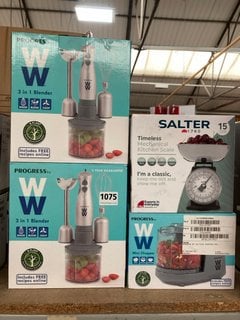 QTY OF ASSORTED SMALL KITCHEN APPLIANCES TO INCLUDE SALTER TIMELESS MECHANICAL KITCHEN SCALES AND PROGRESS WW MINI CHOPPER: LOCATION - BR5