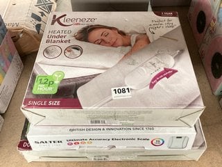 3 X ASSORTED ITEMS TO INCLUDE KLEENEZE HEATED UNDER BLANKET: LOCATION - BR5