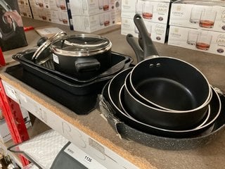 QTY OF ASSORTED KITCHENWARE TO INCLUDE BASICS PAN SET IN BLACK: LOCATION - CR4