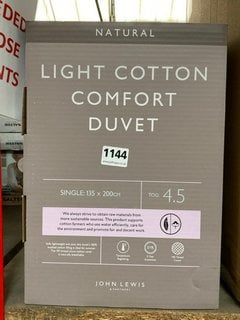 JOHN LEWIS & PARTNERS NATURAL LIGHT COTTON COMFORT SINGLE DUVET : 4.5 TOG: LOCATION - CR5