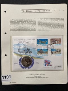 A COMMEMORATIVE FIRST DAY COIN COVER : THE HISTORY OF WORLD WAR TWO $5 (BARBADOS) COIN: LOCATION - CR8