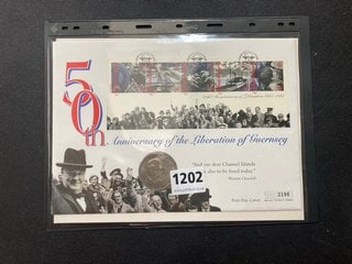 50TH ANNIVERSARY OF THE LIBERATION OF GUERNSEY COMMEMORATIVE FIRST DAY COIN COVER FEATURING A CHURCHILL CROWN: LOCATION - CR8