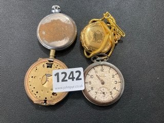 THREE ANTIQUE POCKET WATCHES AND A MODERN GOLD COLOUR FULL HUNTER POCKET WATCH: LOCATION - CR8