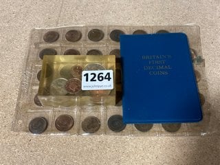 A SHEET OF BRITISH COINS, LUCITE COIN DISPLAY AND A FOLDER OF BRITAIN'S FIRST DECIMAL COINS: LOCATION - CR9