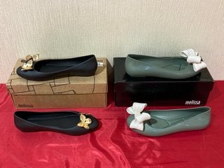 MELISSA DOLL BUTTERFLY SHOES IN GOLD/BLACK - UK SIZE 5 TO INCLUDE MELISSA SWEET LOVE QUILT BALLET PUMPS IN STORM CONTRAST - UK SIZE 6 - COMBINED RRP £140: LOCATION - LUXURY