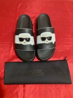 KARL LAGERFELD KAPRI KARL IKONIC SLIDERS IN BLACK LEATHER/MONO - UK SIZE 8 - RRP £127: LOCATION - LUXURY