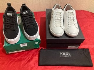 KARL LAGERFELD KUPSOLE II MAISON KARL LACE TRAINERS IN WHITE LEATHER - UK SIZE 3 TO INCLUDE PUMA MAYZE WOMENS TRAINERS IN PUMA BLACK/PUMA WHITE - UK SIZE 3 - COMBINED RRP £210: LOCATION - LUXURY