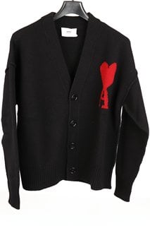 AMI PERMANENT RED DE COLOUR CARDIGAN IN BLACK MERINO WOOL - UK SIZE SMALL - RRP £425: LOCATION - LUXURY