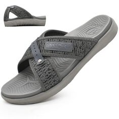 QUANTITY OF ASSORTED ITEMS TO INCLUDE ONCAI MENS CRISS CROSS SANDALS,ARCH SUPPORT RECOVERY SPORT SLIDES SLIPPERS WITH PLANTAR FASCIITIS ORTHOTIC FOOTBED GREY SIZE 10.5: LOCATION - B RACK