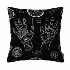 QUANTITY OF THROW PILLOW COVER HUMAN HANDS PENTAGRAM AND MYSTIC SYMBOLS BLACK LIFE LINES PALMS DECORATIVE PILLOW CASE 18X18 INCHES COTTON LINEN - TOTAL RRP £474: LOCATION - A RACK