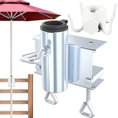 18 X DBPBTOU METAL UMBRELLA STAND, ADJUSTABLE PATIO UMBRELLA HOLDER, PARASOL STAND WITH ATTACHED UMBRELLA HOOK FOR DINING CARTS, BLEACHERS AND RAILINGS (VERTICAL) - TOTAL RRP £204: LOCATION - A RACK